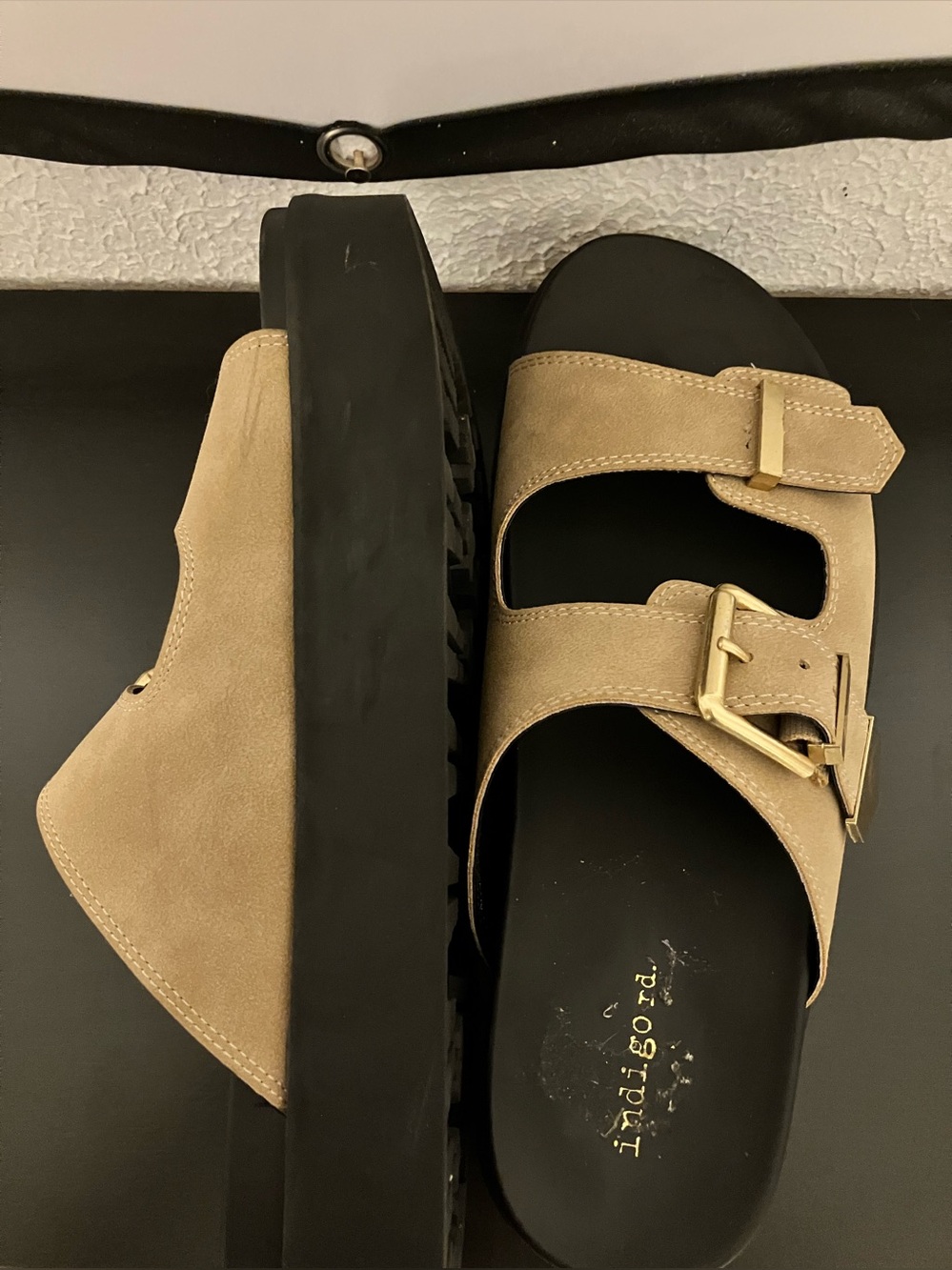 Indigo Rd Tan Buckle Slide Sandals - Picture 5 of 7